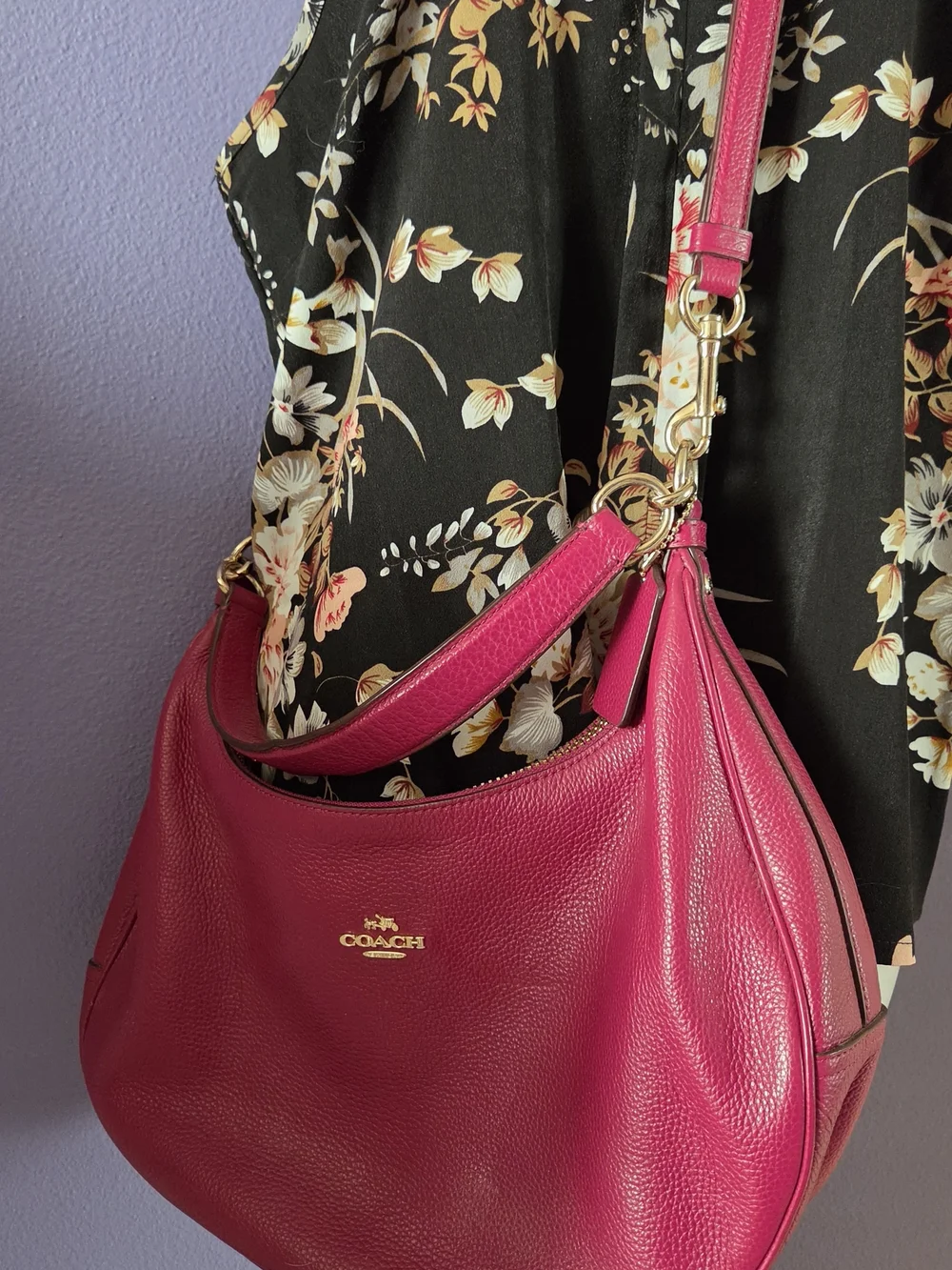 Coach Pebbled Leather Hobo in Berry Red with Gold Hardware